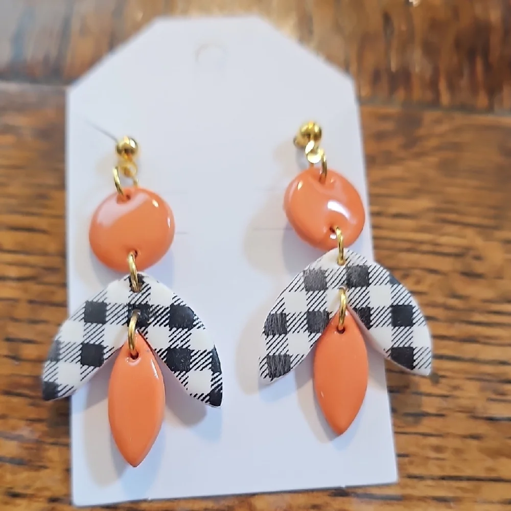 Orange and Black Checkered Earrings